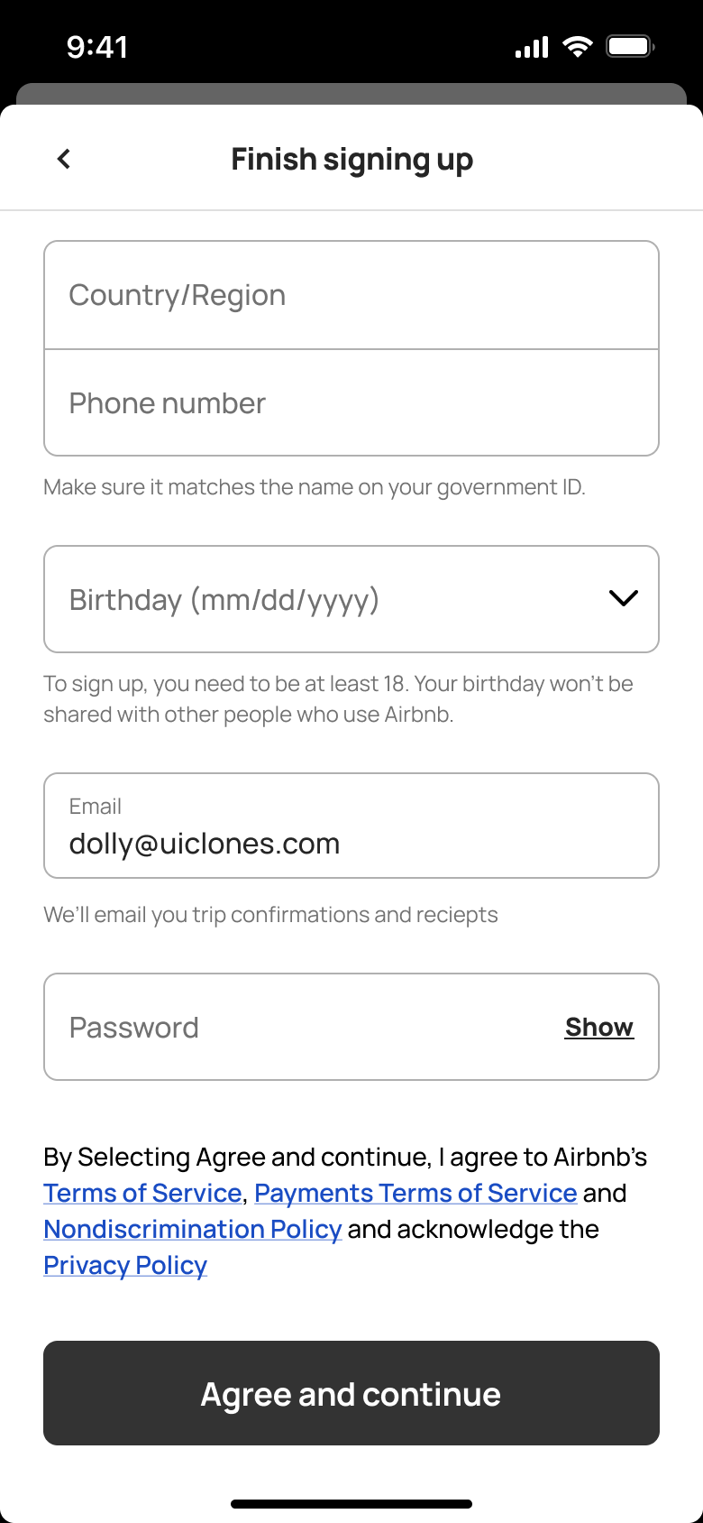 Finish signing up: country, phone, birthday, email and password.