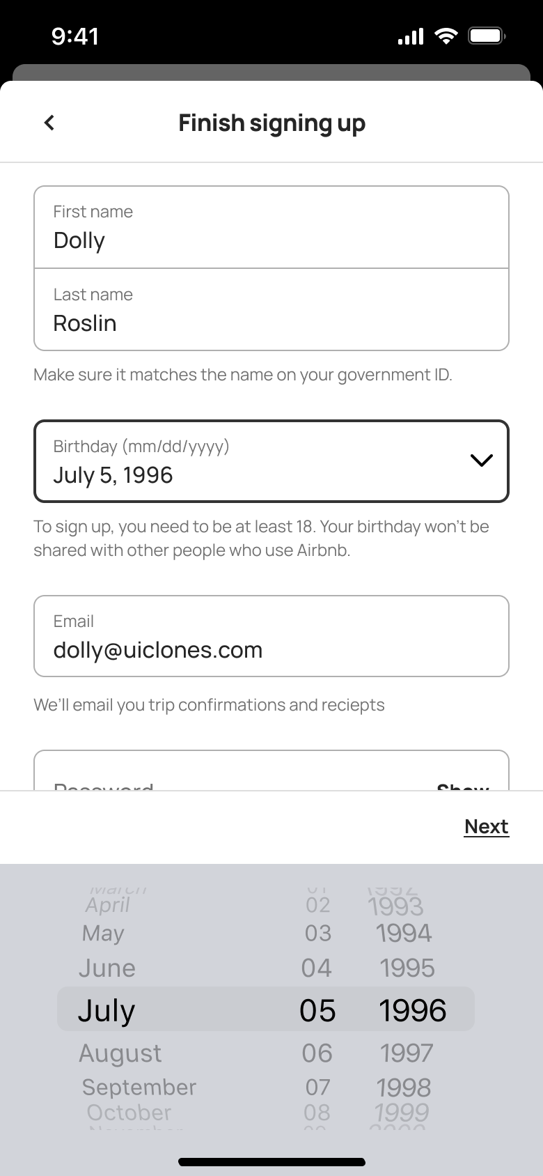 Birthday selected on the wheel.