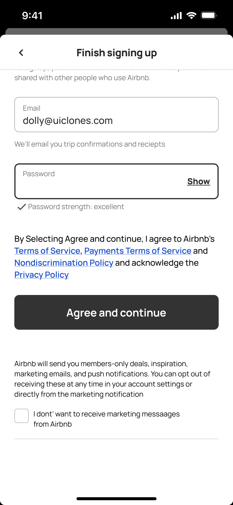 Finish signing up: strong password, terms and marketing opt-out checkbox.