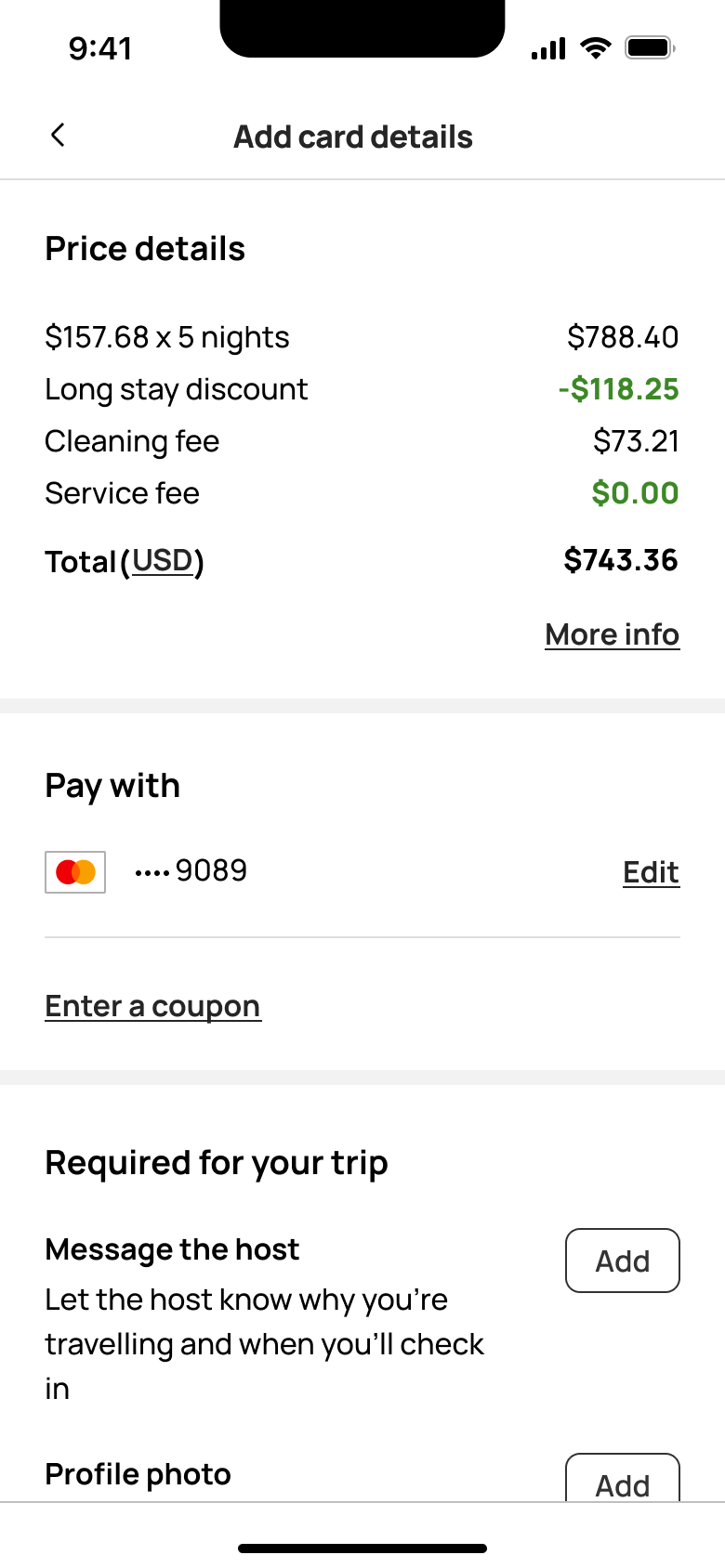 Booking summary: price details, pay with card, coupon and required items.
