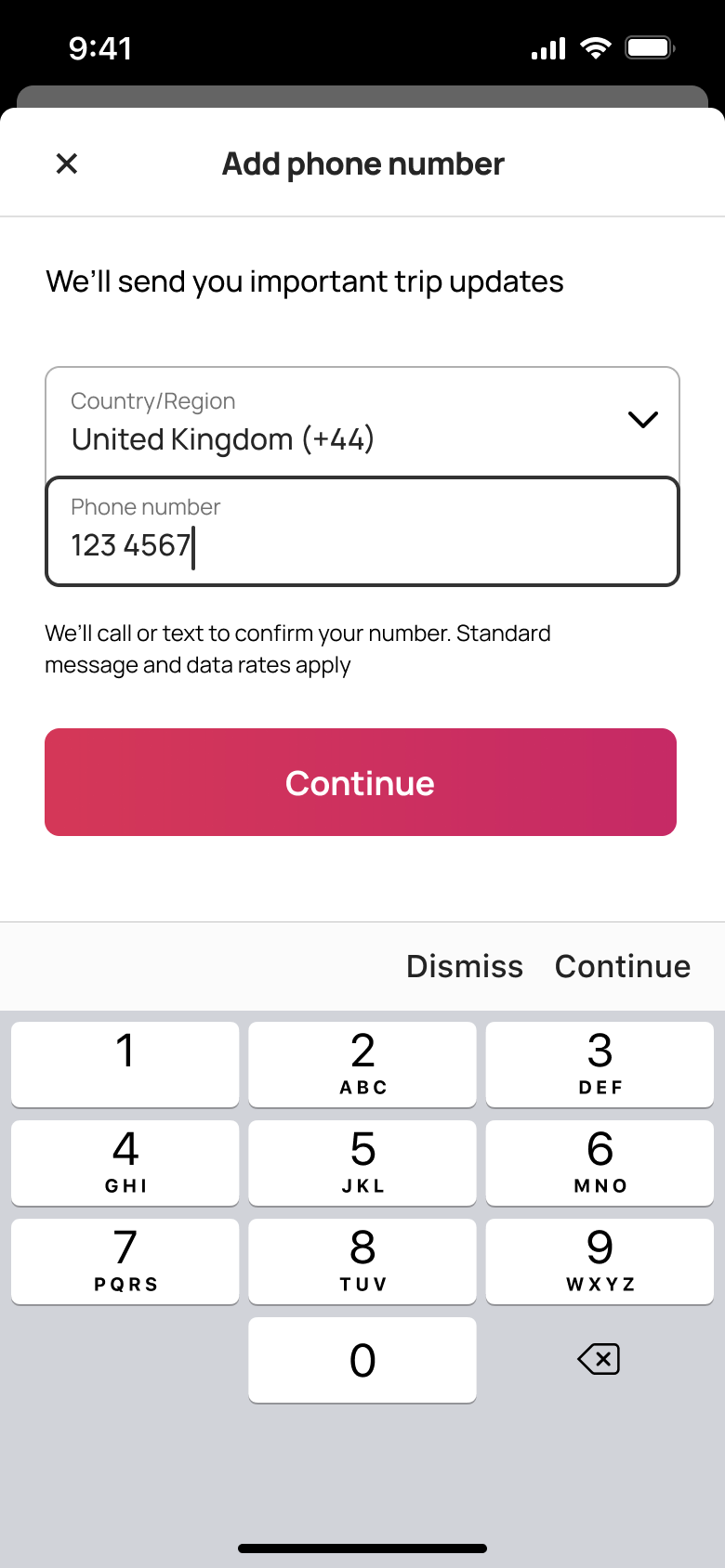 Add phone number for trip updates with number typed.
