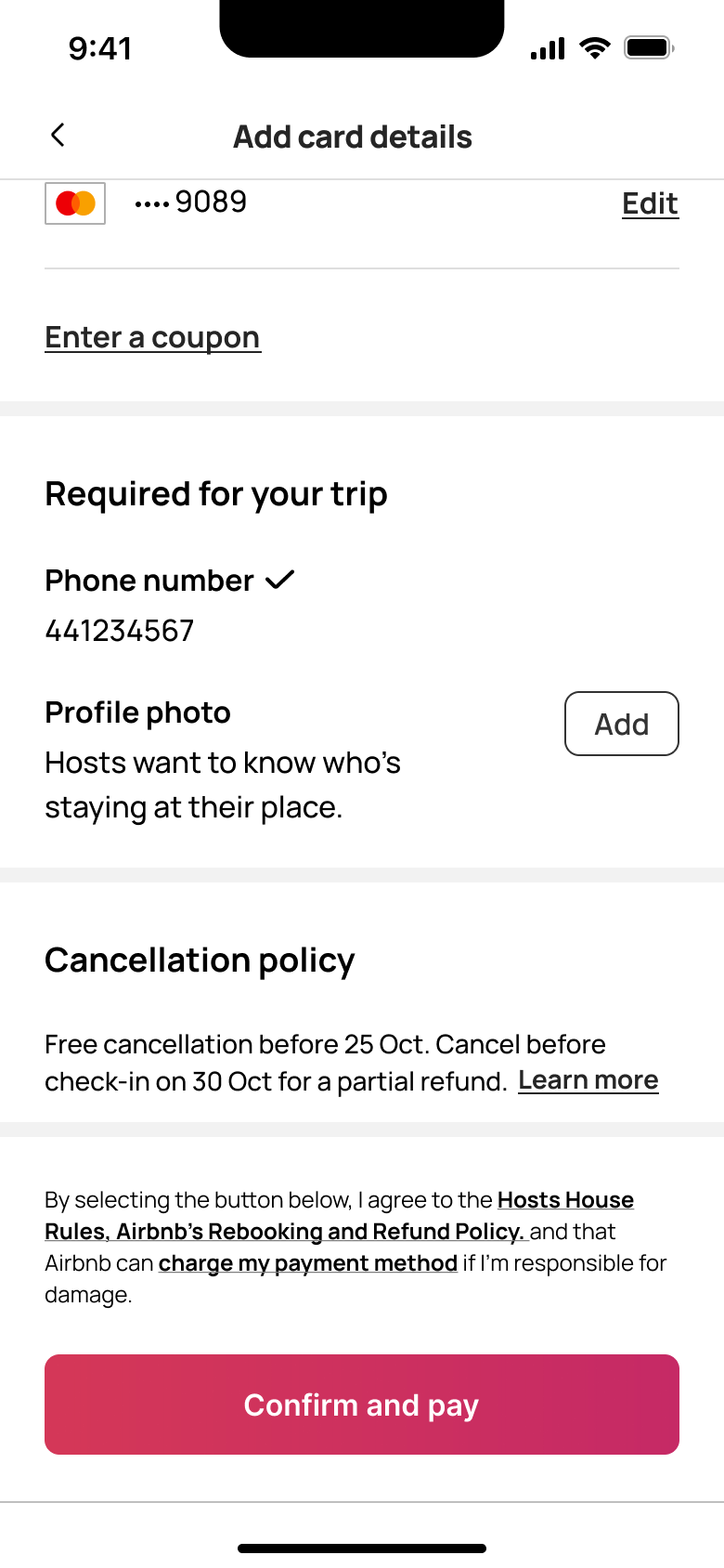 Confirm and pay with profile photo still required.