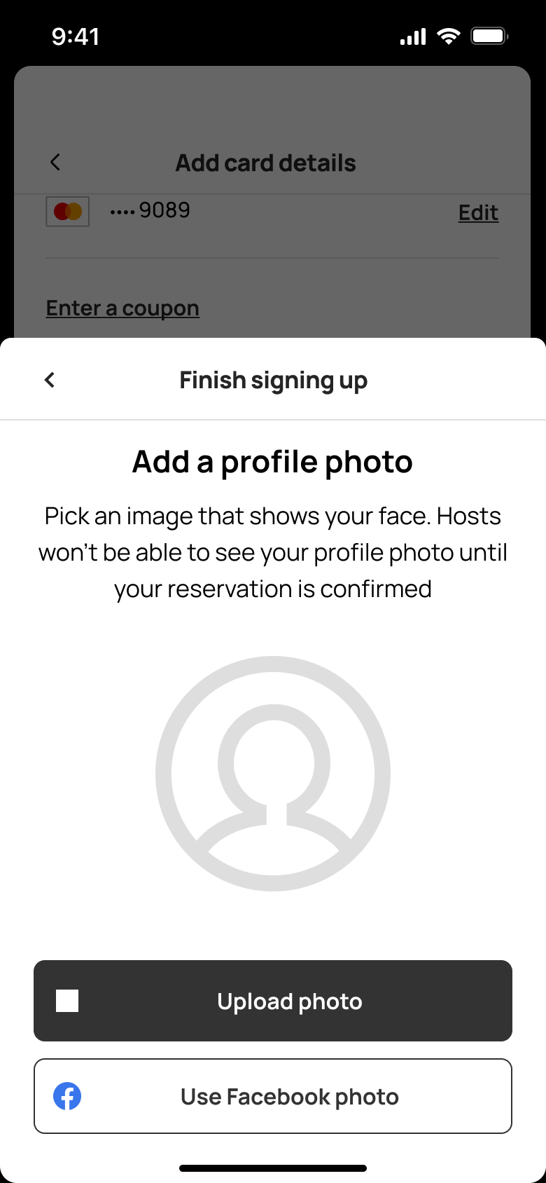 Finish signing up: add a profile photo, upload or use social photo.