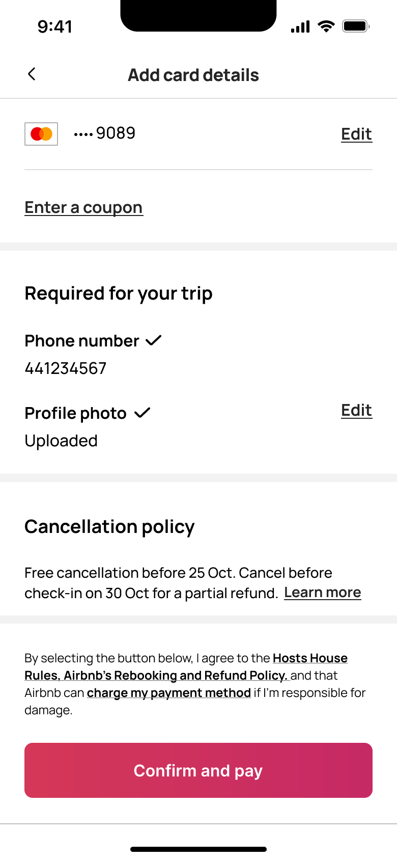 Confirm and pay: card, coupon, required phone and photo done, cancellation policy.