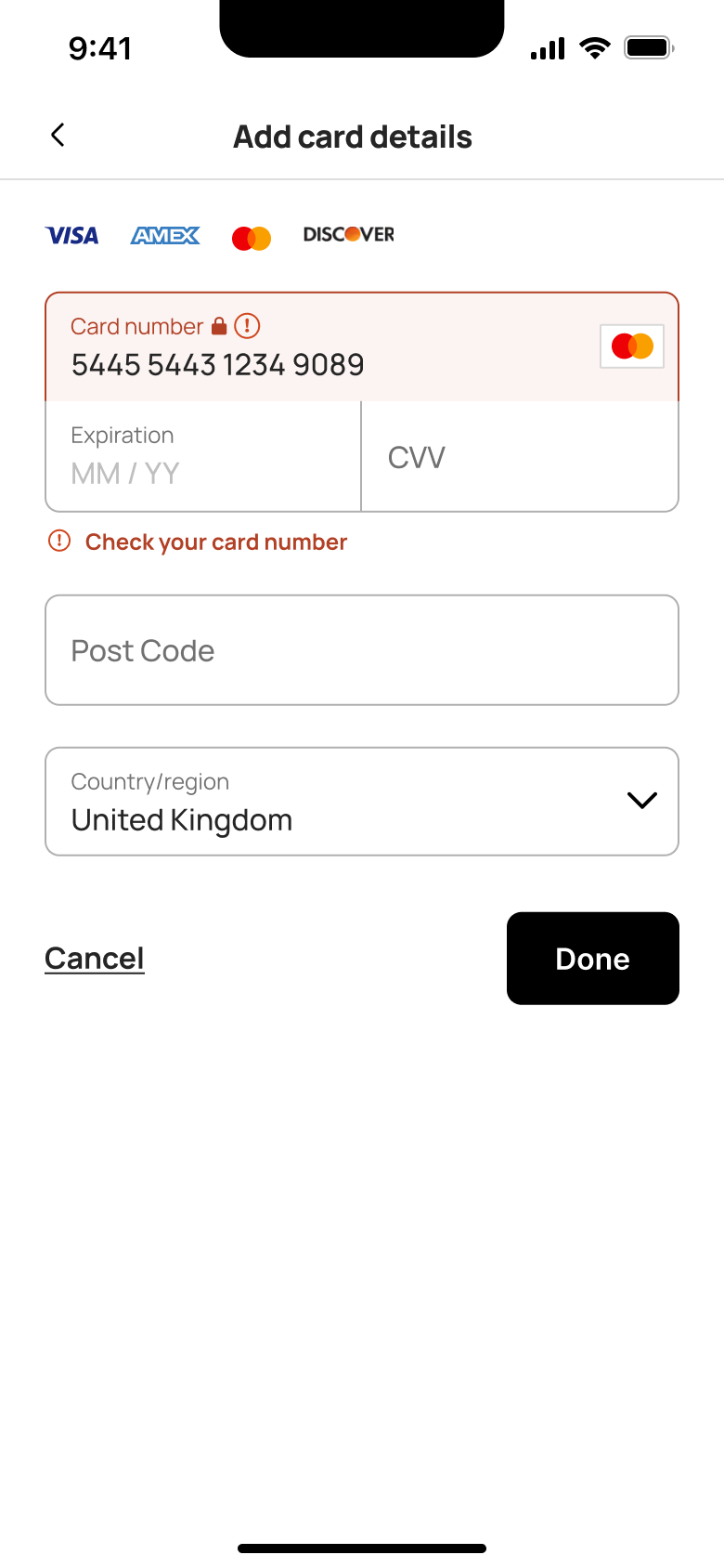 Card number error, postcode empty.