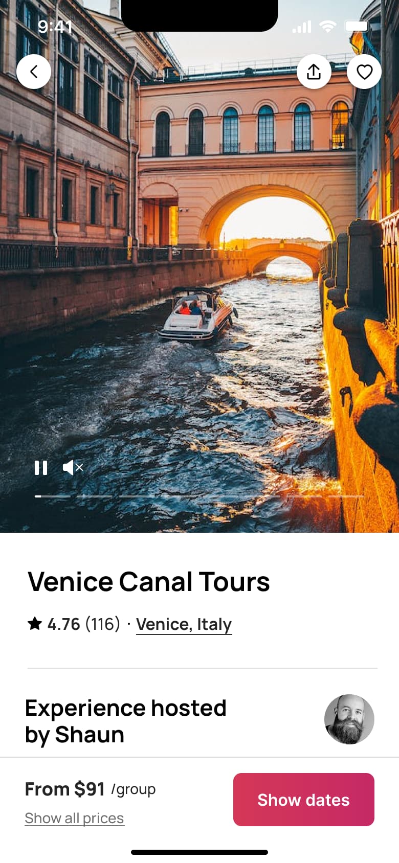 Experience listing with video header, rating, host and show dates.