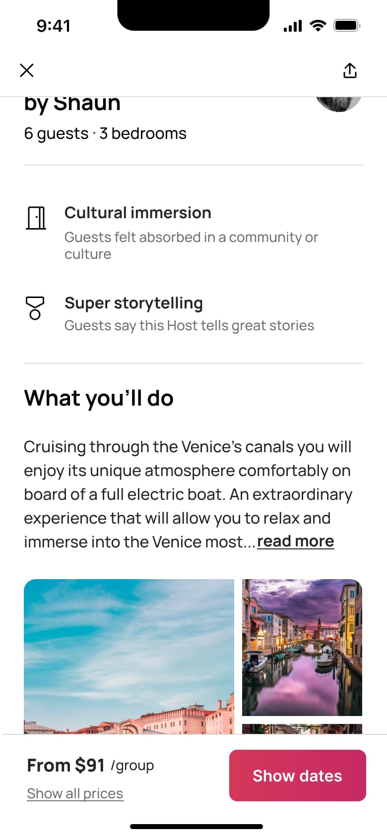 Experience detail: highlights, what you'll do and photos with show dates.