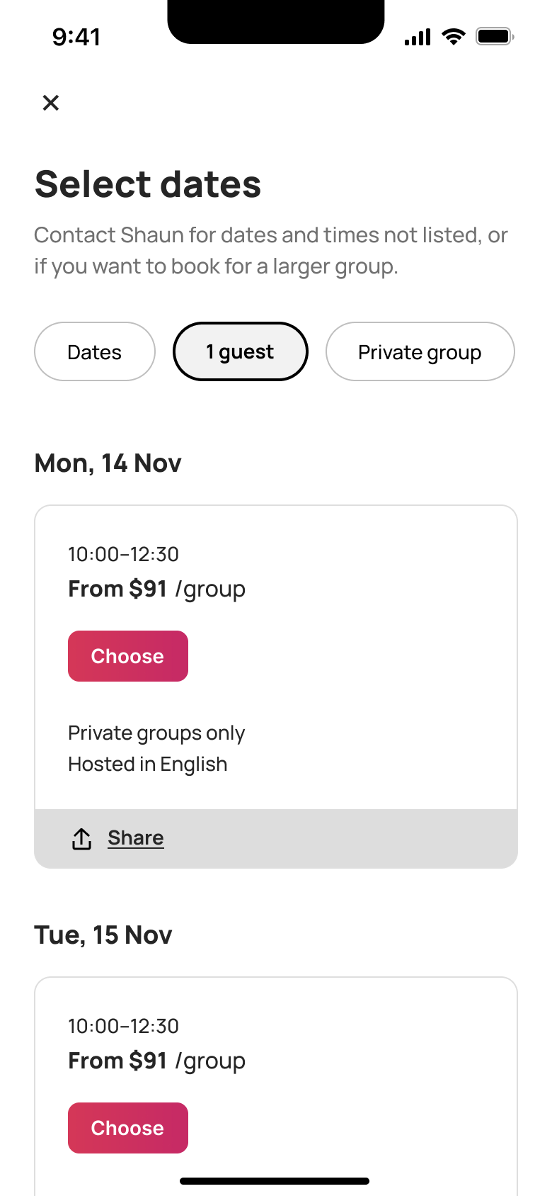 Select dates for an experience: time slots with prices and choose buttons.