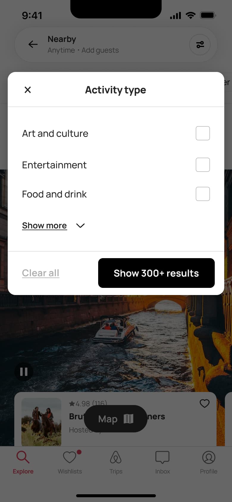 Activity type filter collapsed with show more.
