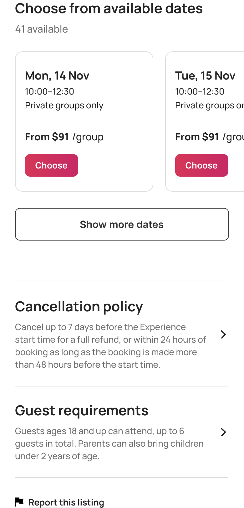 Partial frame: available dates and cancellation policy fragment.
