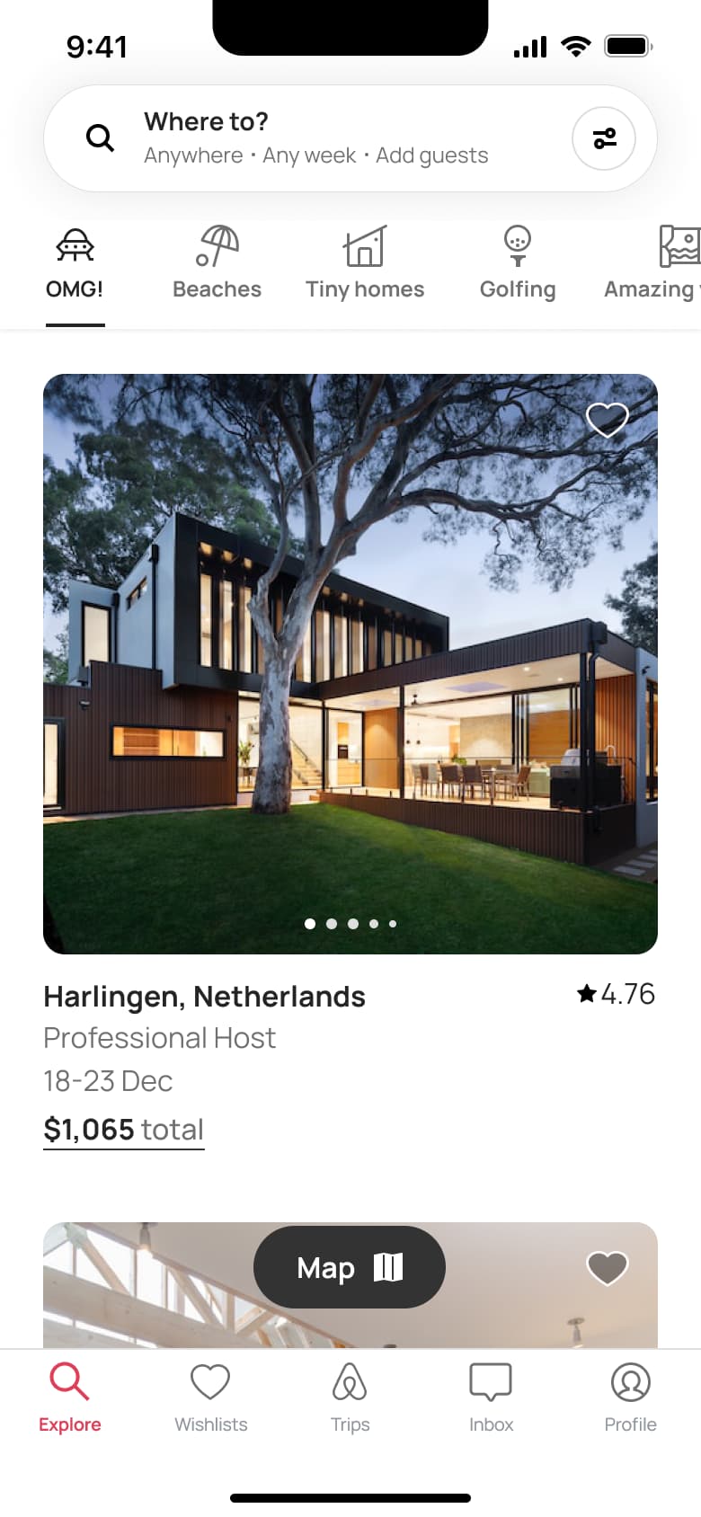 Explore home: category tabs and listing card with photo carousel.