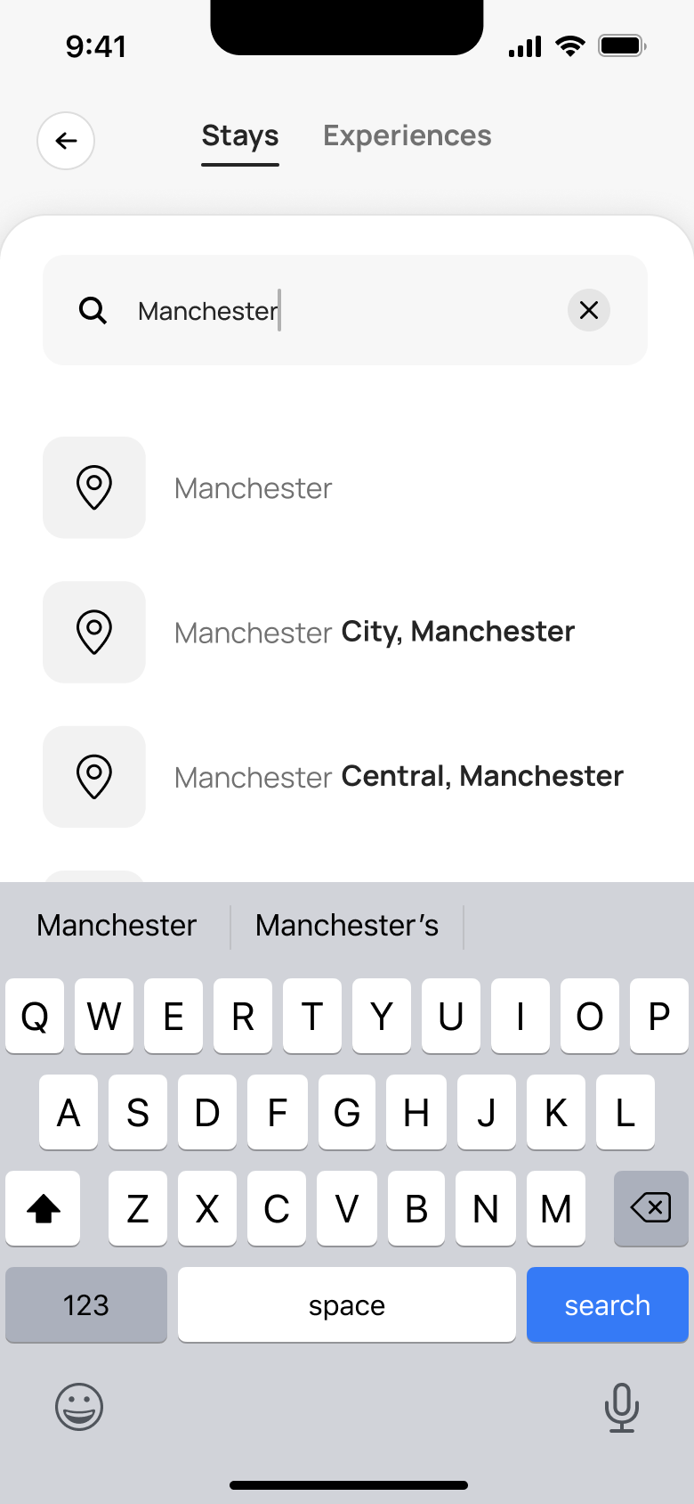 Destination search suggestions while typing.