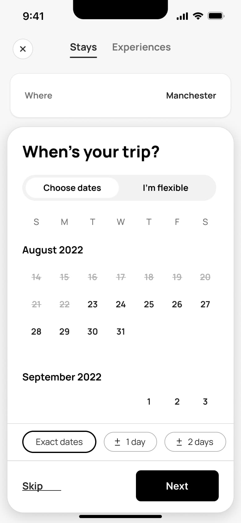 When's your trip: calendar with flexibility chips.