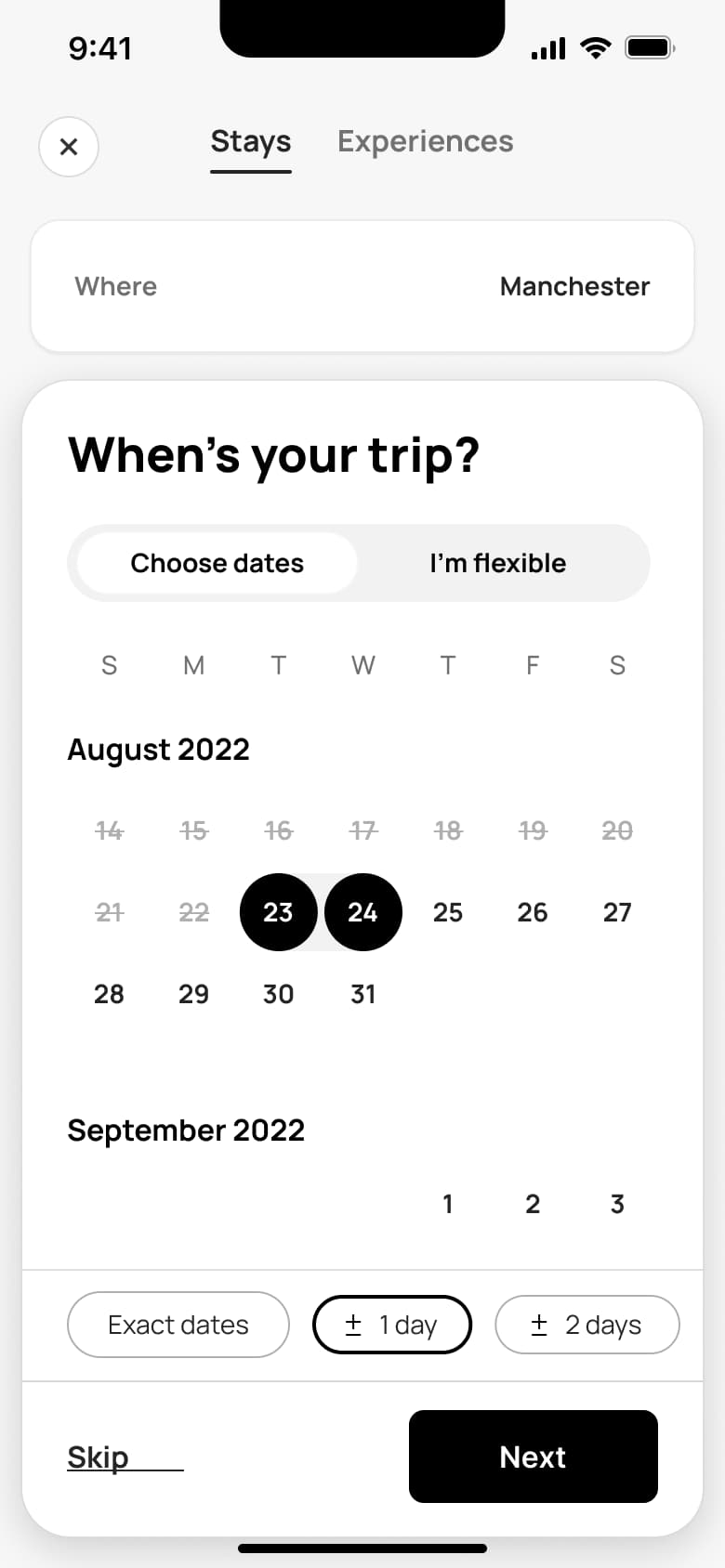 Calendar with two-day range selected.