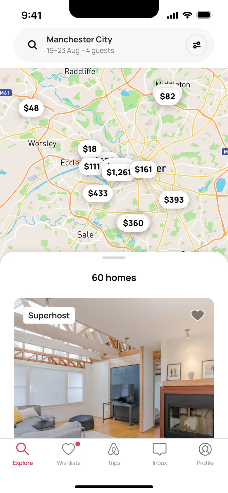 Results map with price pins and listings sheet.