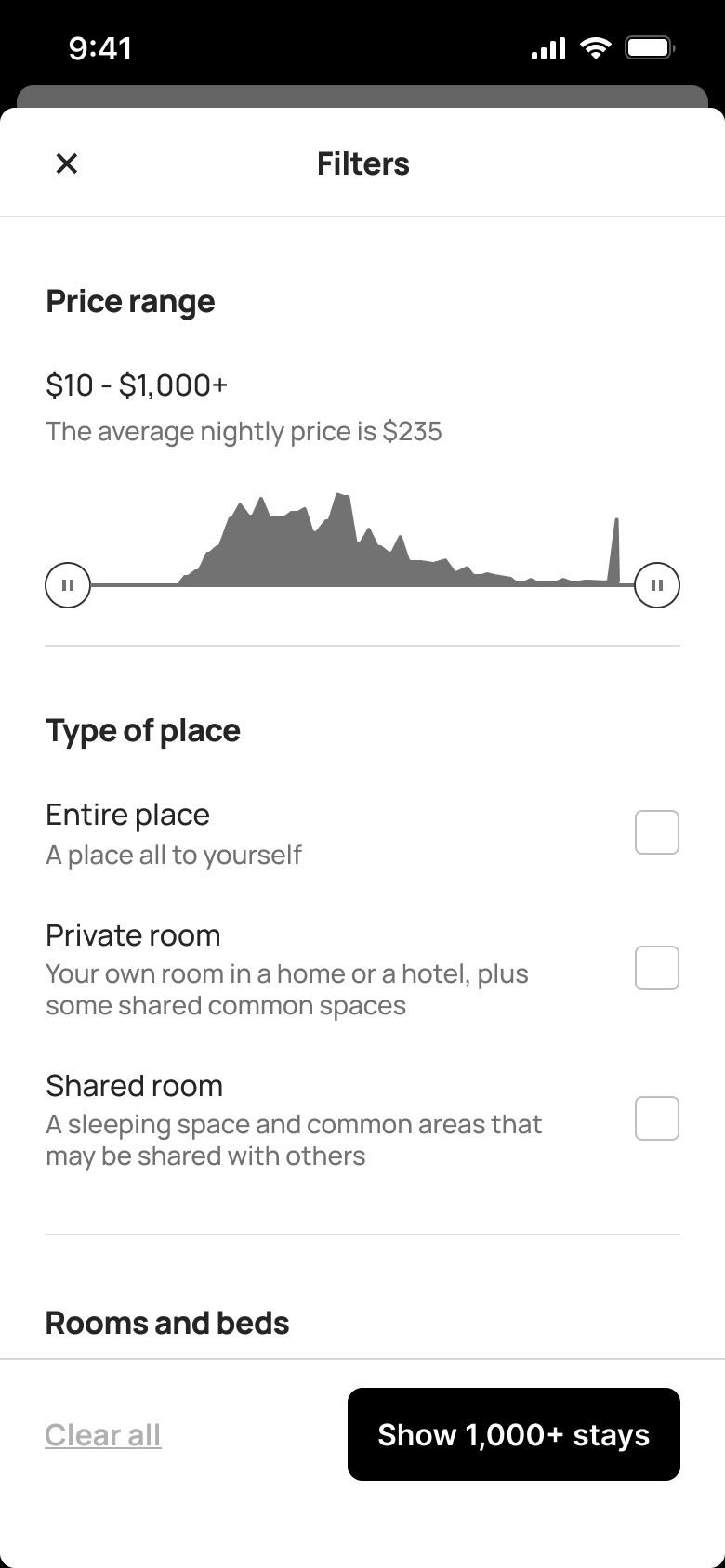 Filters: price range histogram and type of place.