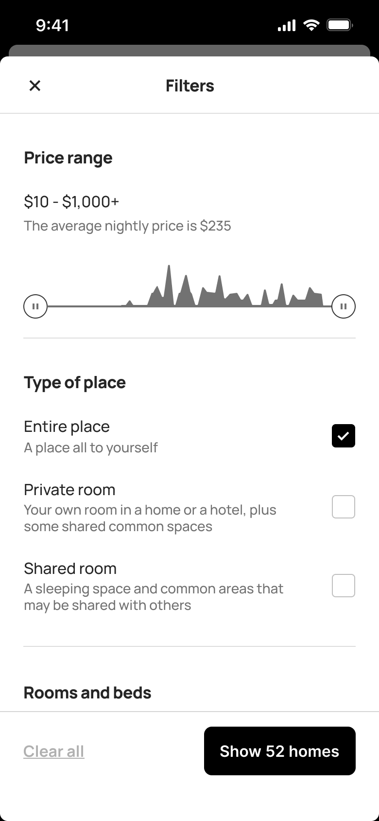 Filters: full price range with entire place ticked.