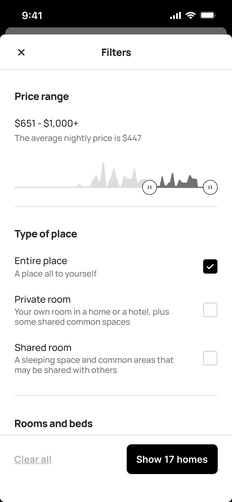 Filters: narrowed price range and entire place ticked.