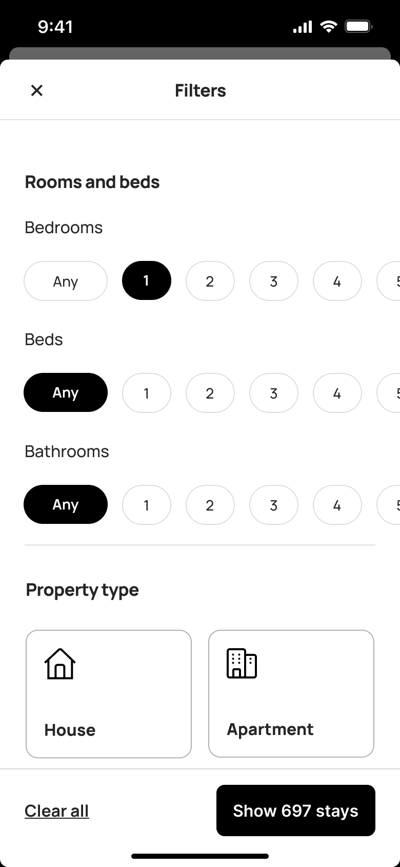 Filters: rooms and beds with one bedroom selected.