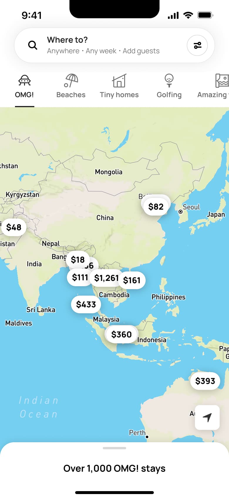 Explore map view with price pins and stays count sheet.
