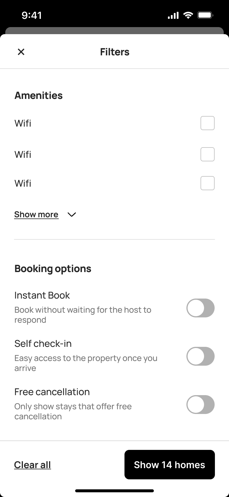 Filters: amenities and booking options toggles off.