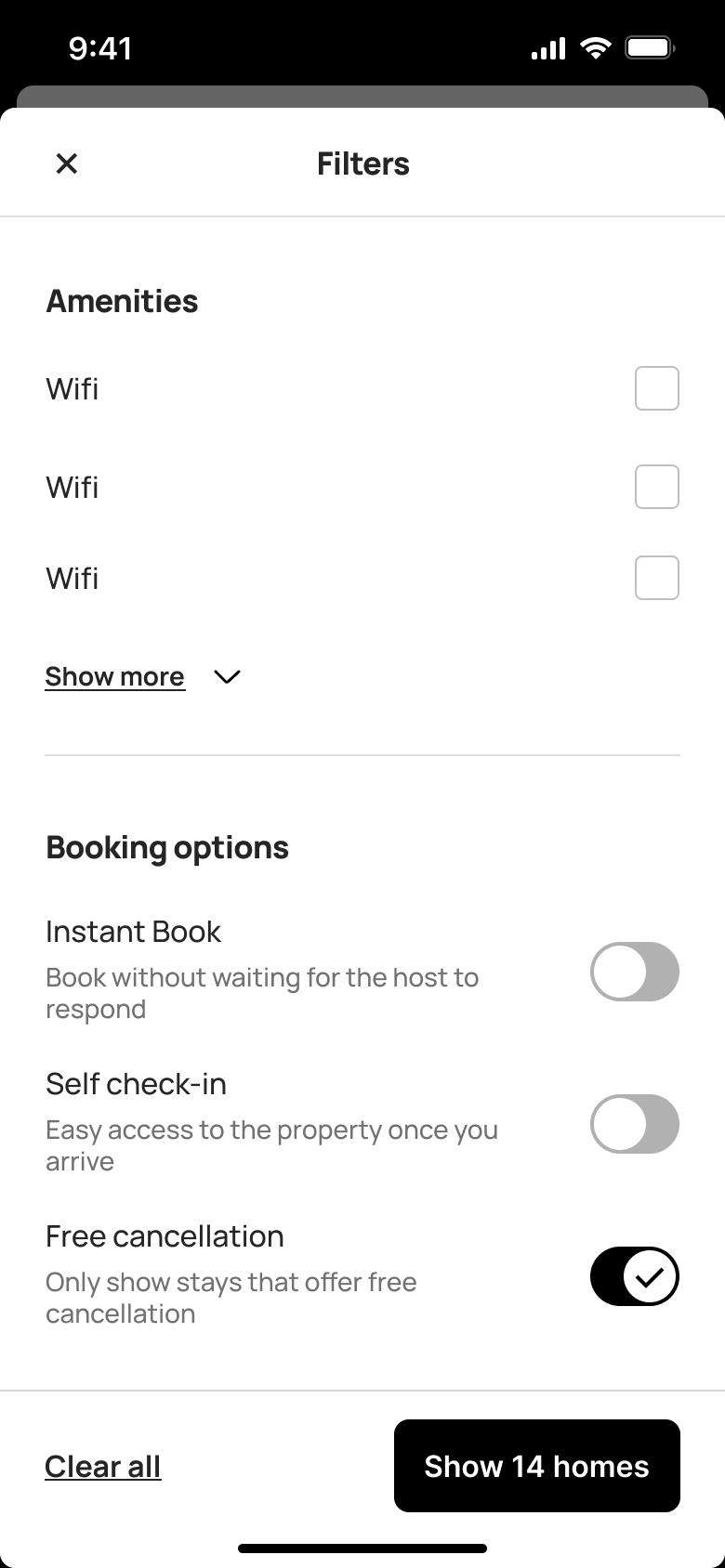 Filters: amenities and booking options with free cancellation on.