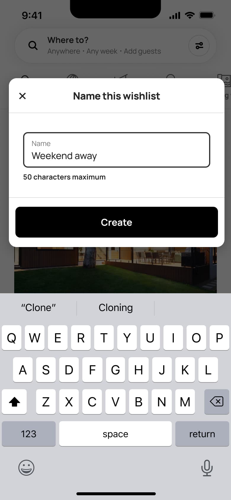 Name this wishlist dialog with name typed.