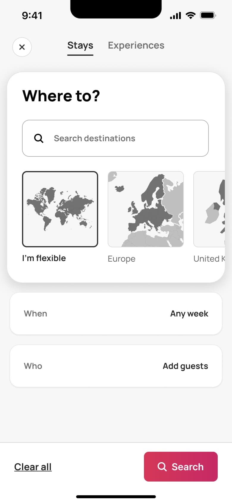 Where to: search, region tiles and when and who rows.