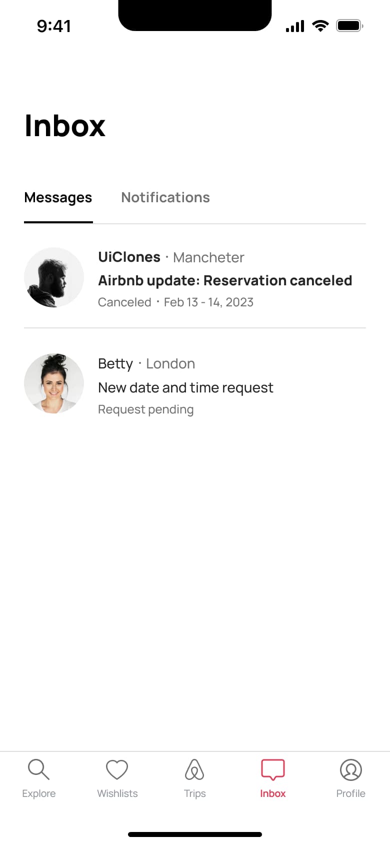 Inbox messages list with reservation updates.