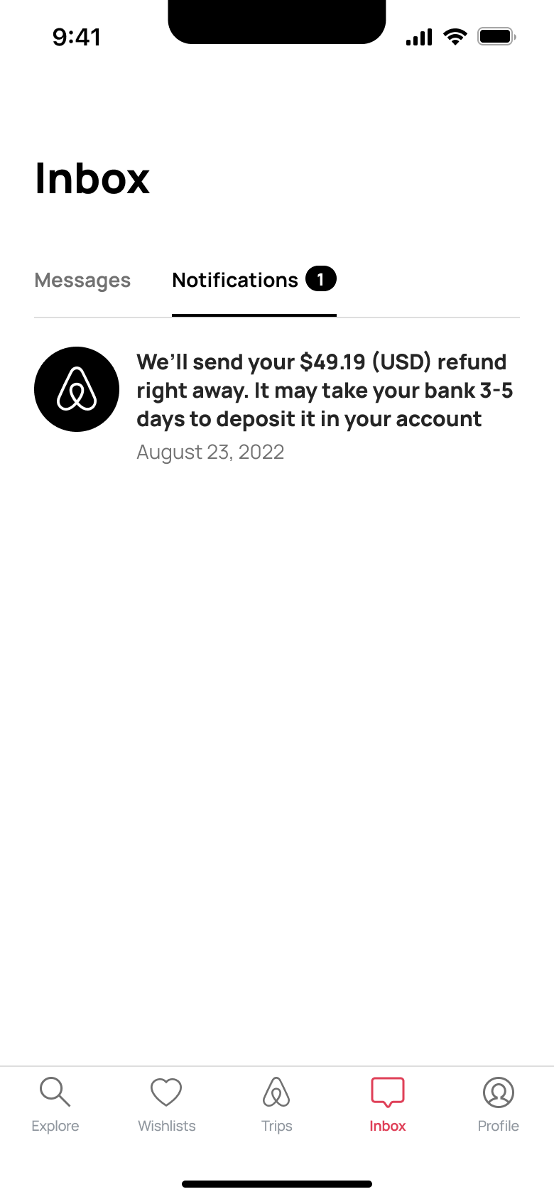 Inbox notifications tab with refund notice.