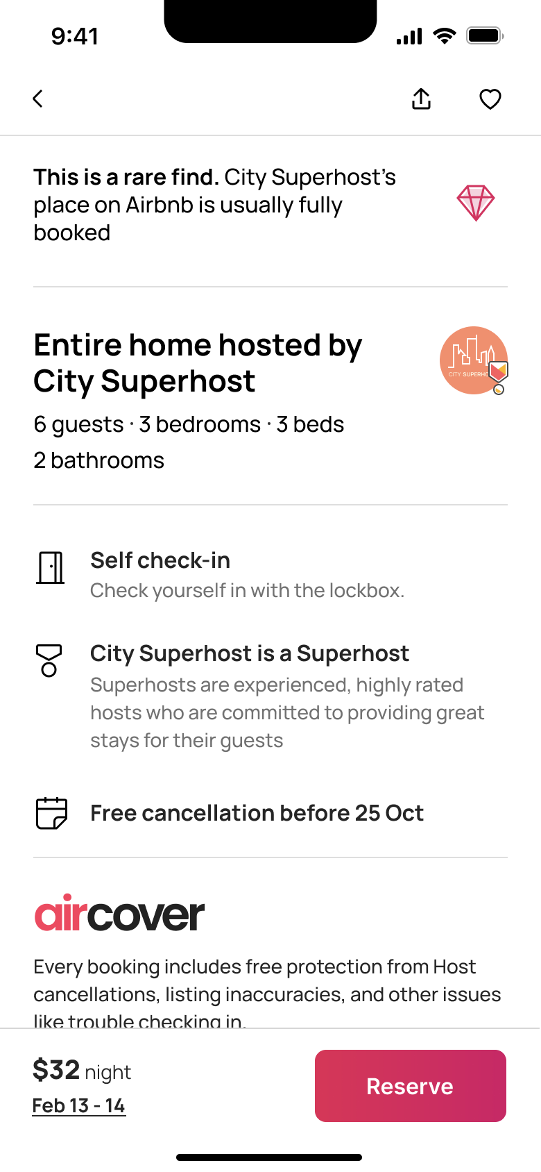 Listing detail scrolled: rare find banner, host, highlights and cover.