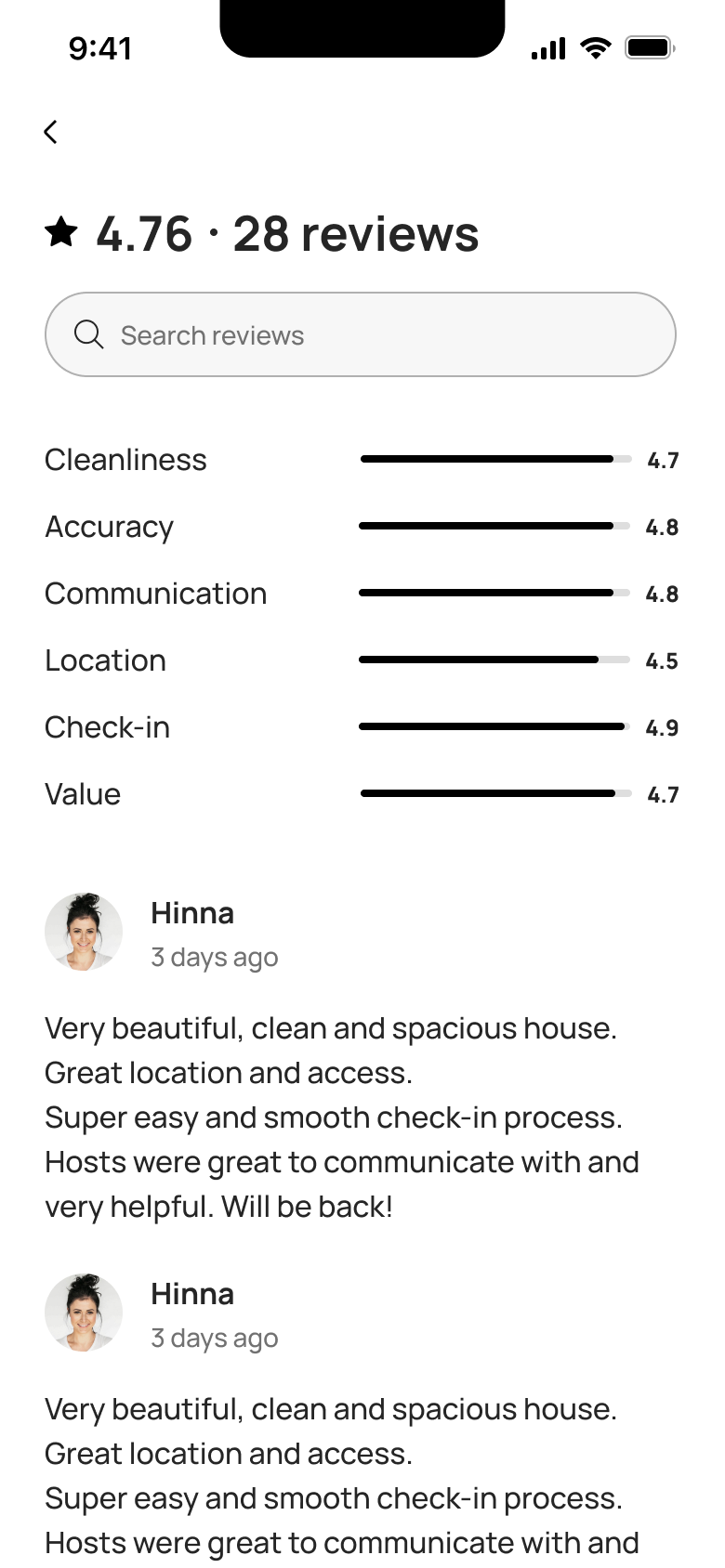 Reviews: rating breakdown bars and review list with search.