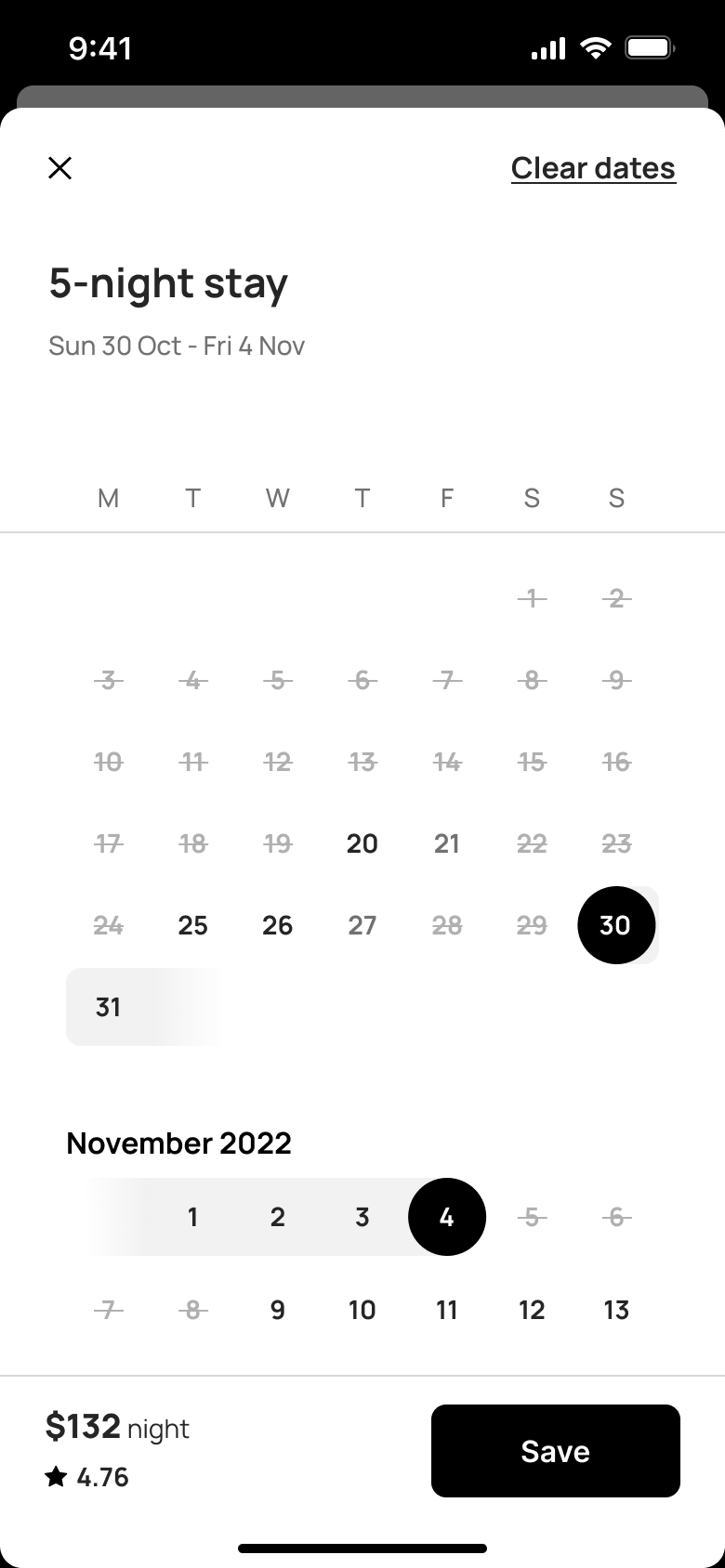 Select nights calendar with stay range and save.