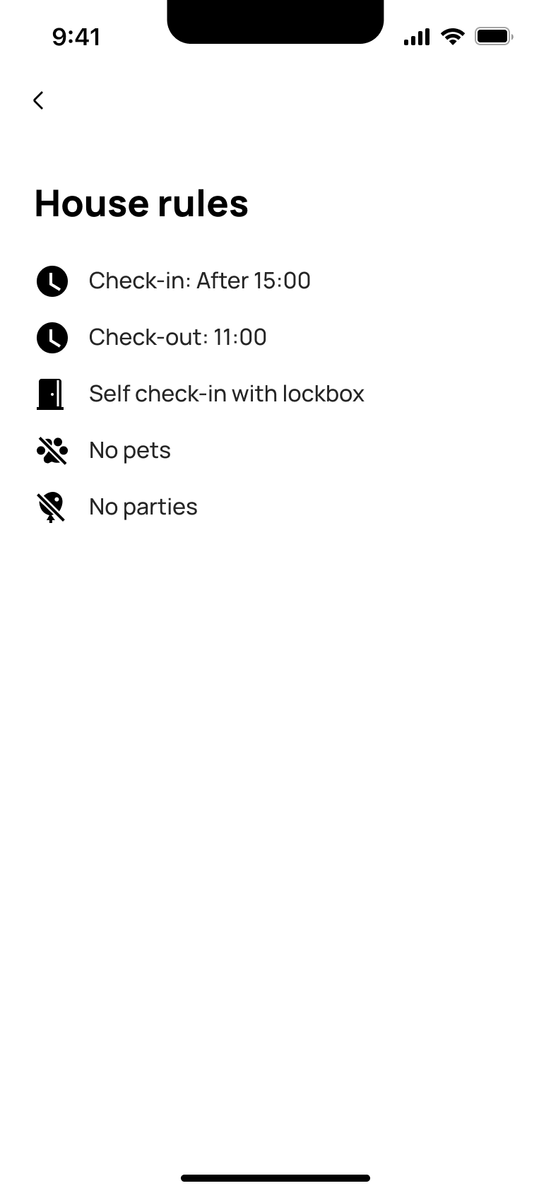 House rules: check-in, check-out, lockbox, no pets, no parties.