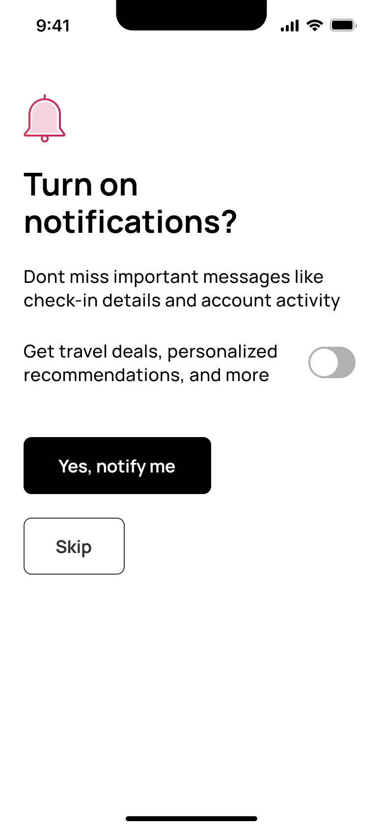 Turn on notifications priming with travel deals toggle, notify me or skip.