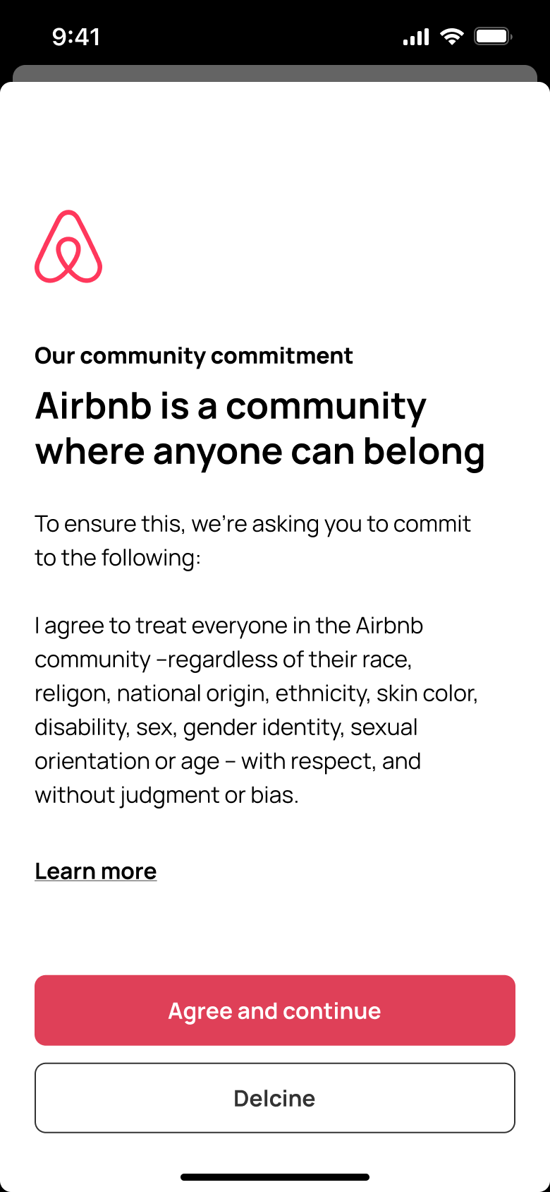 Community commitment: agree and continue or decline.
