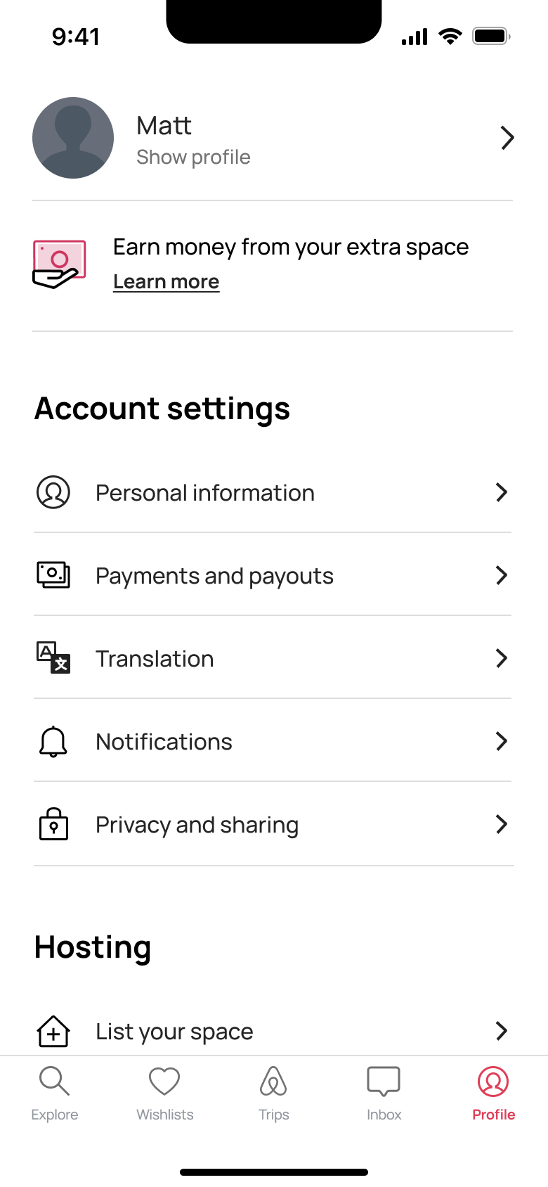 Profile: show profile, earn money banner and account settings.
