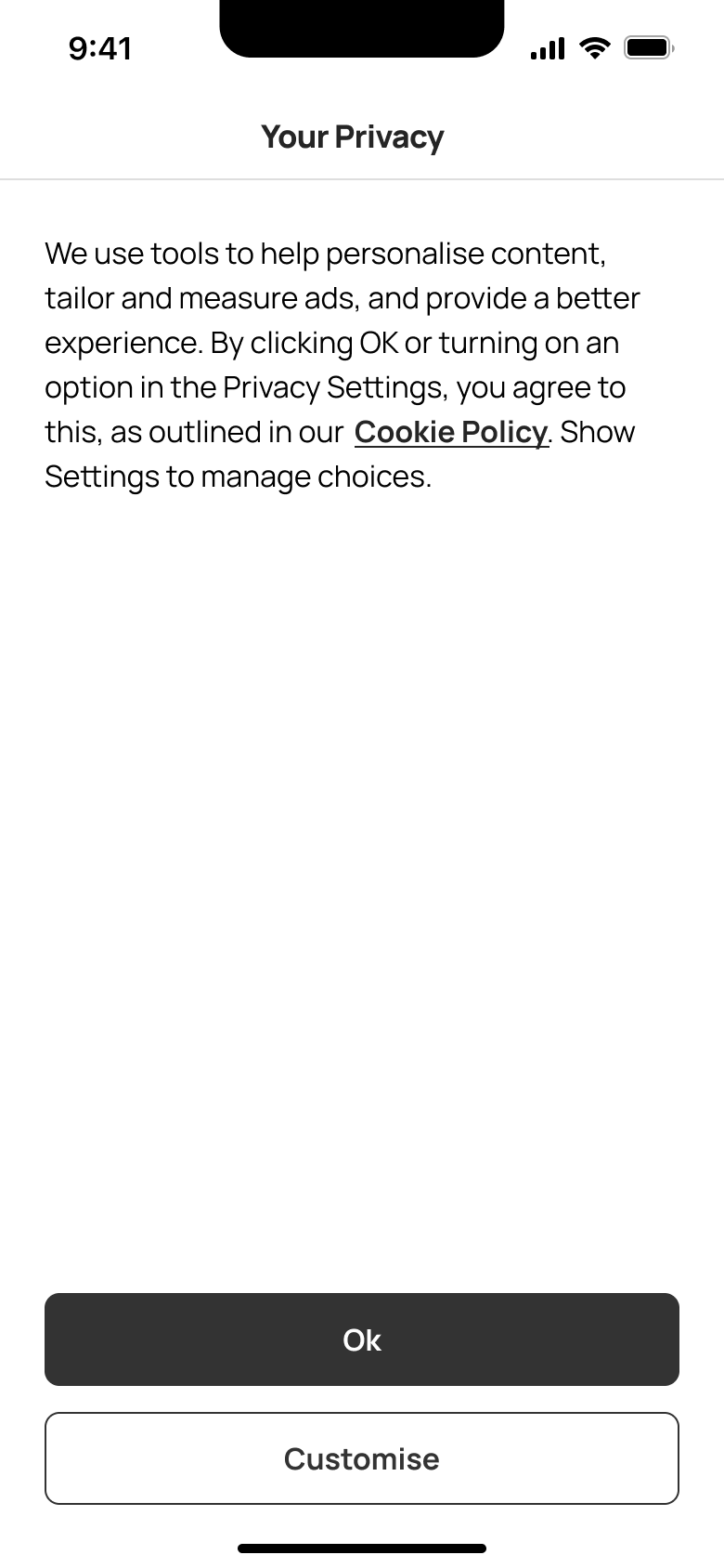 Your privacy: personalise ads consent with OK or customise.