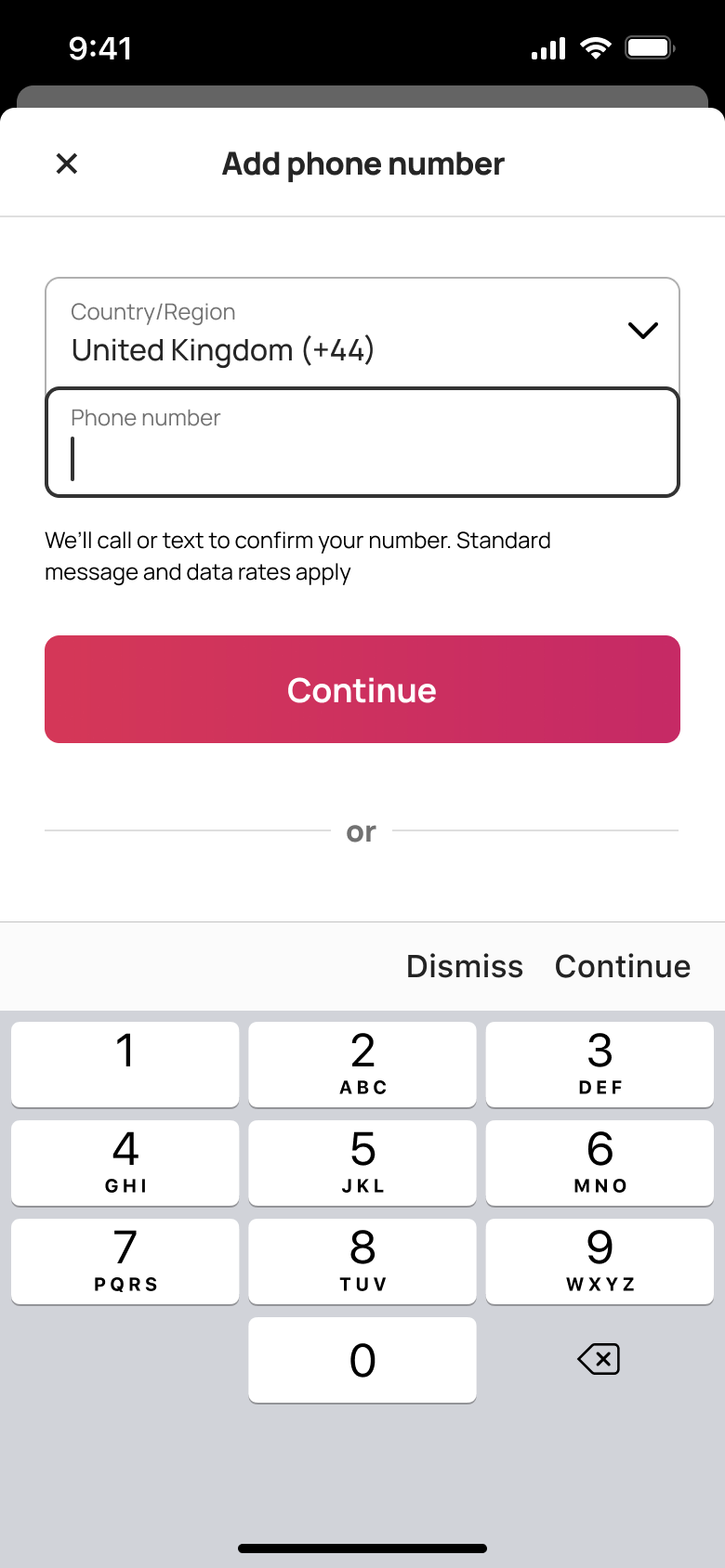 Add phone number: country and number.