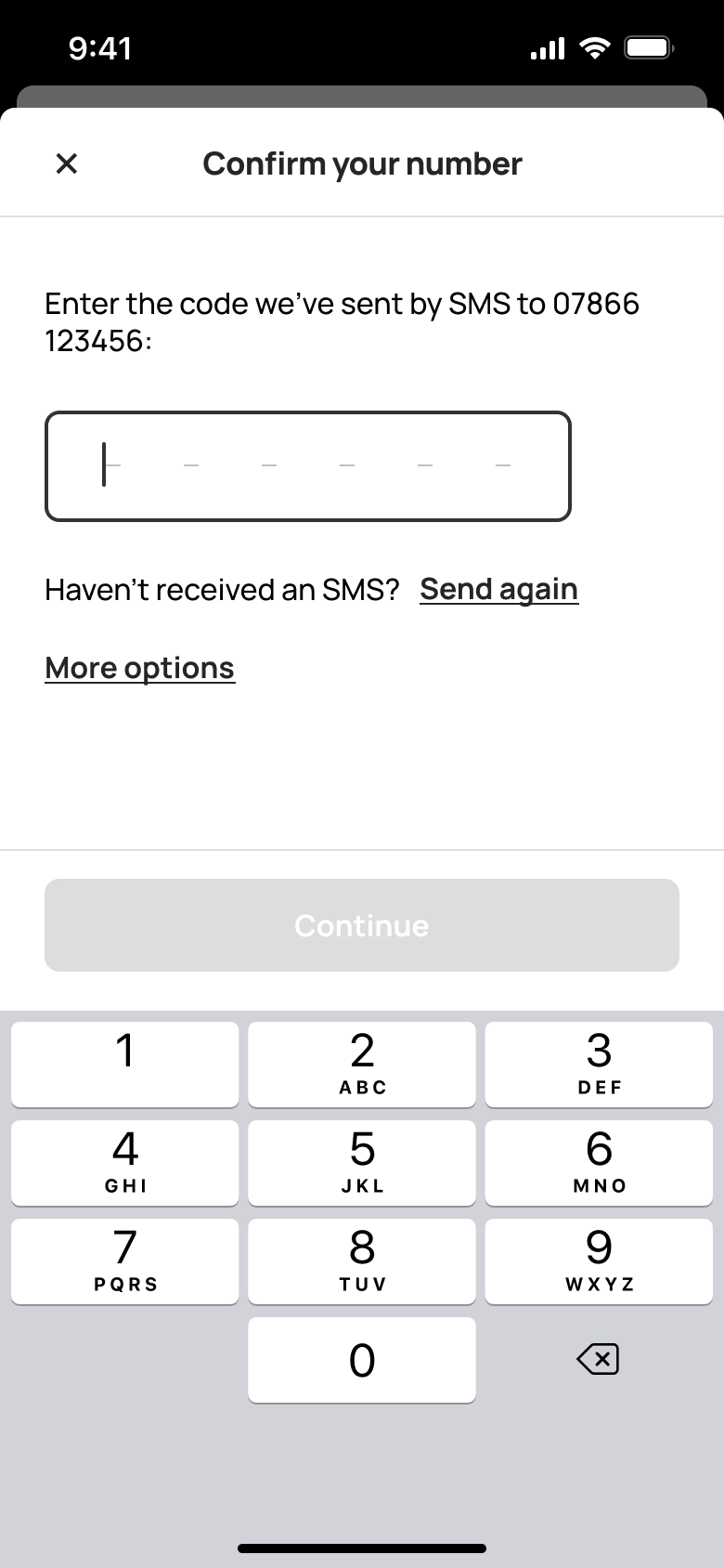 Confirm your number: empty code field.