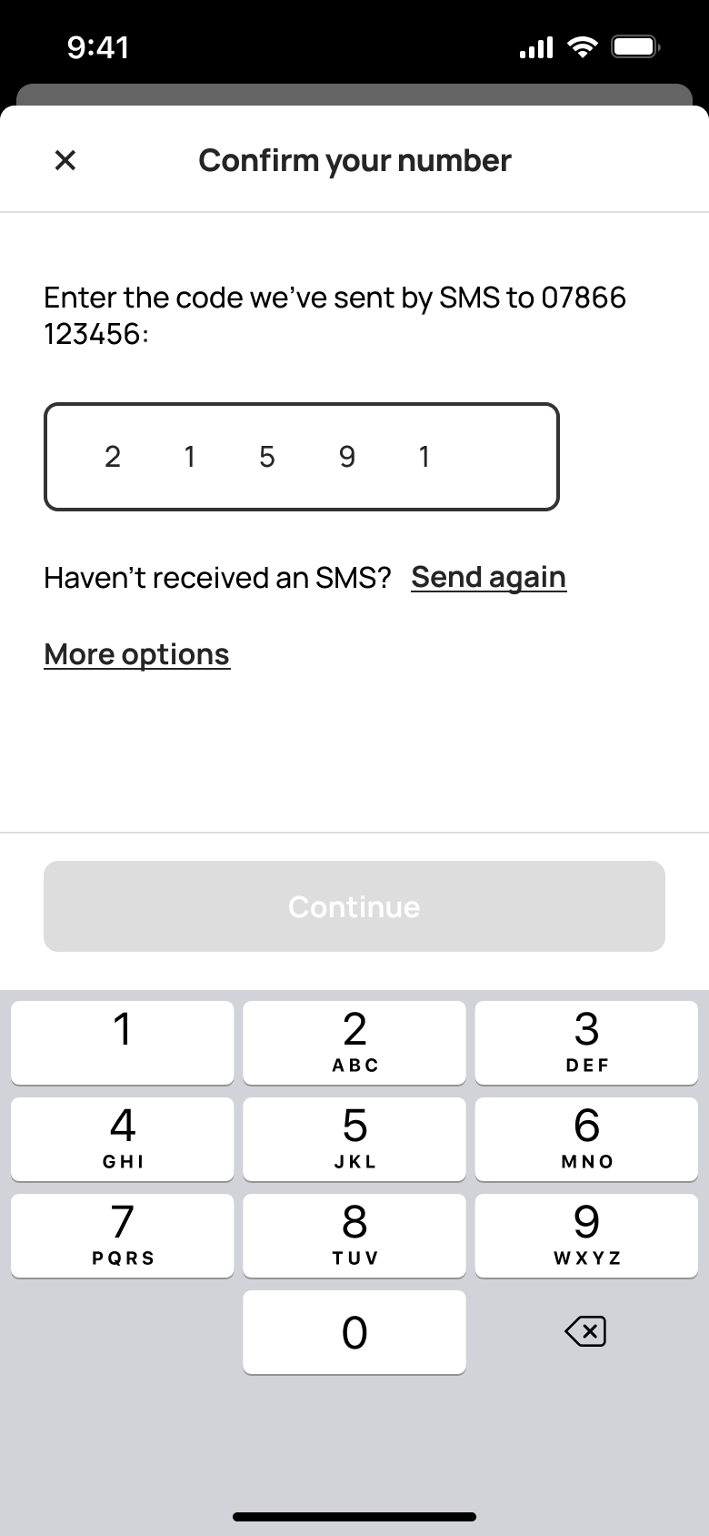 Confirm your number: code partly entered.