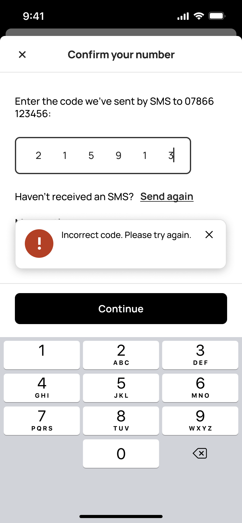Confirm your number: incorrect code toast.