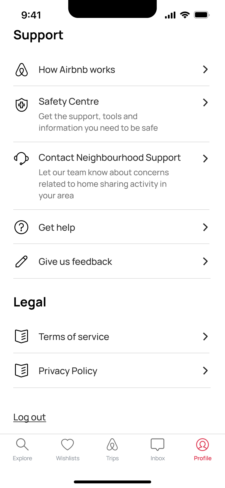 Profile menu end: support, legal and log out.