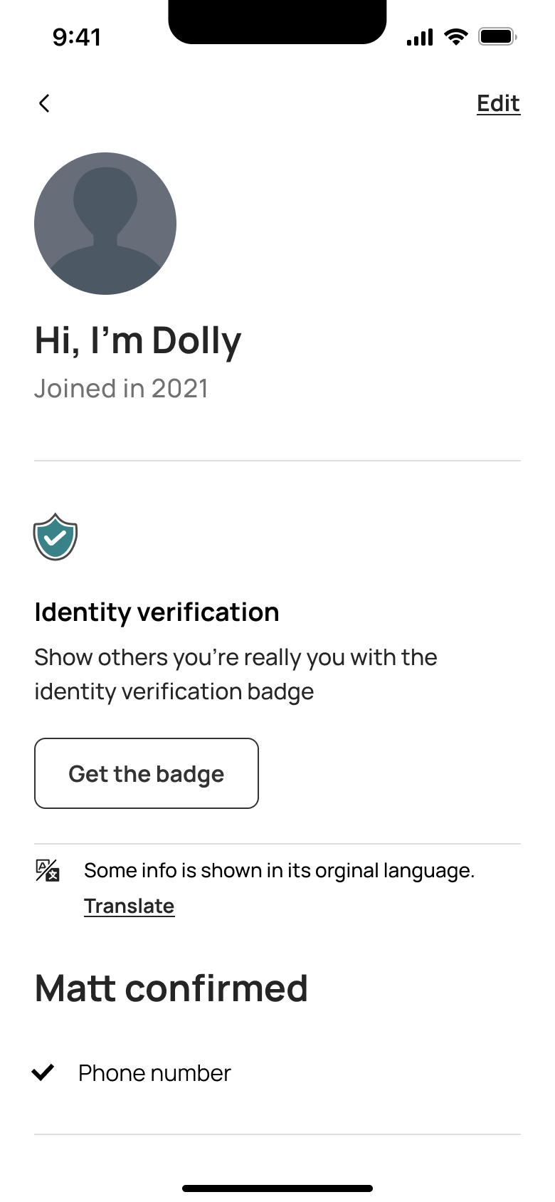 Own profile: joined date, identity verification badge and confirmed info.