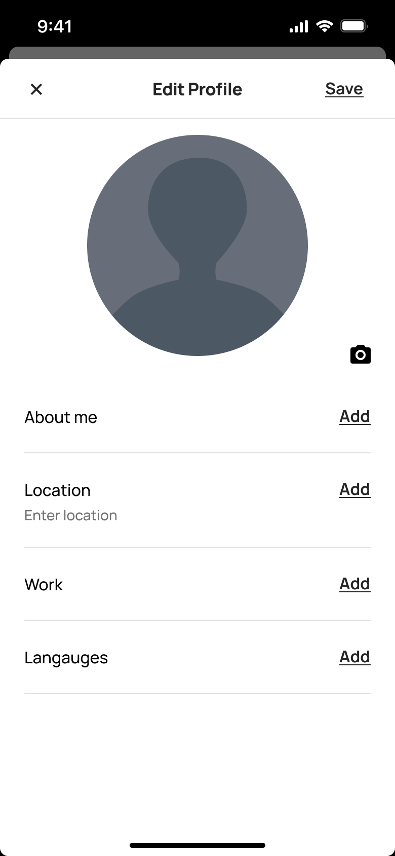 Edit profile: photo, about me, location, work and languages.