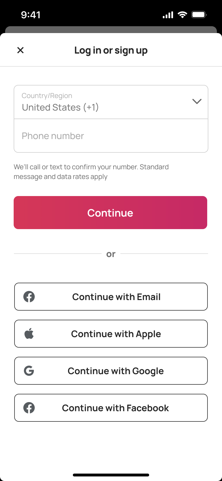 Log in or sign up with phone: country, phone number and social options.