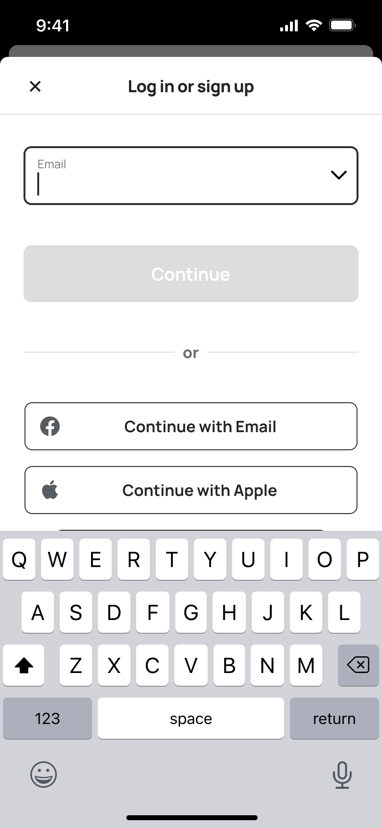 Email field focused with keyboard.