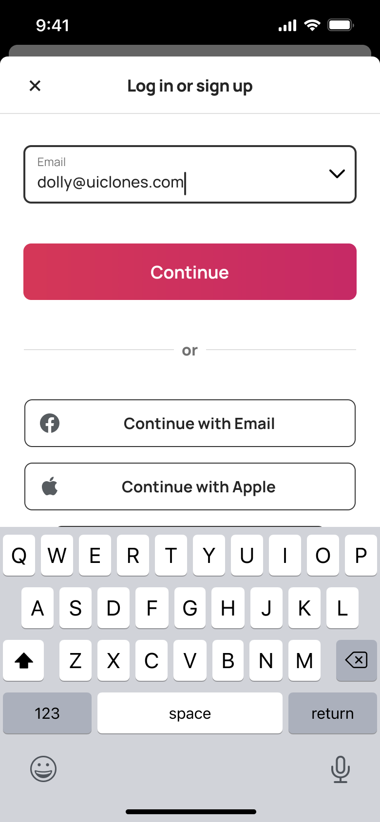 Email entered, continue enabled.