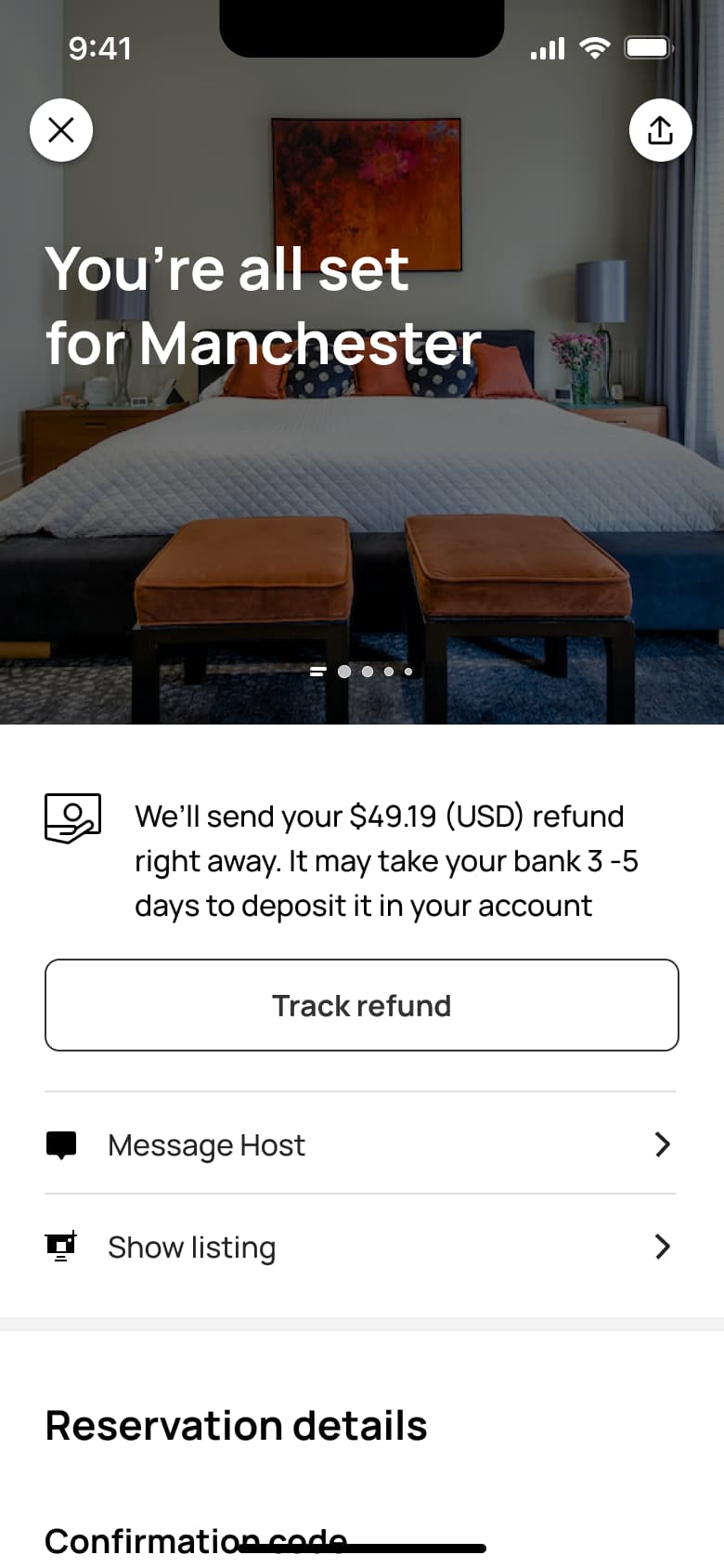 Cancelled trip: refund info, track refund, message host and show listing.