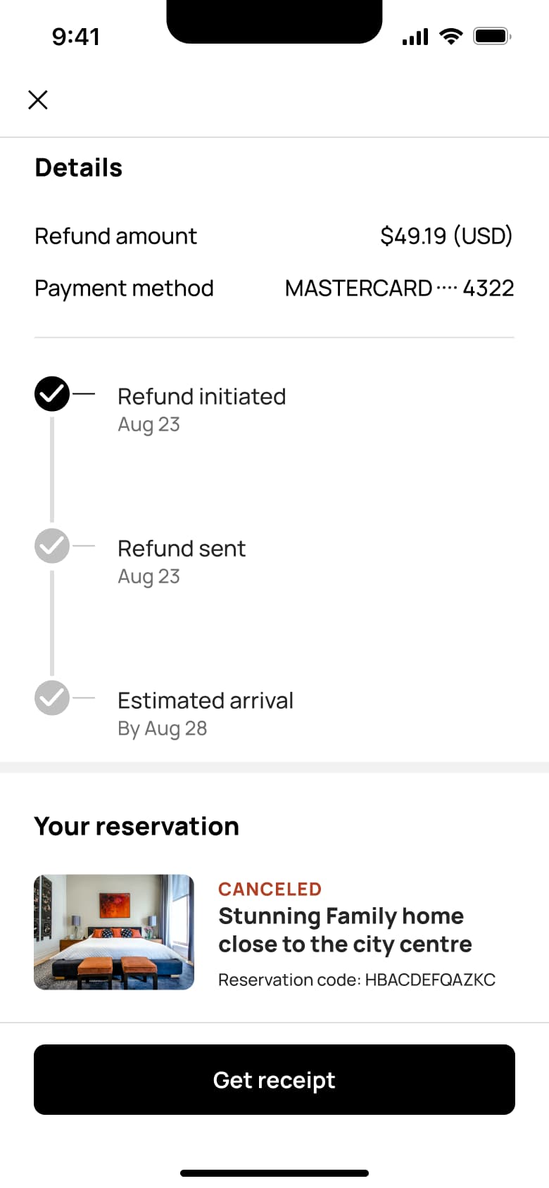 Refund details timeline with cancelled reservation and get receipt.